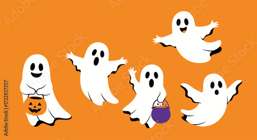 Whimsical cartoon ghosts floating with various expressions and holding Halloween treats.