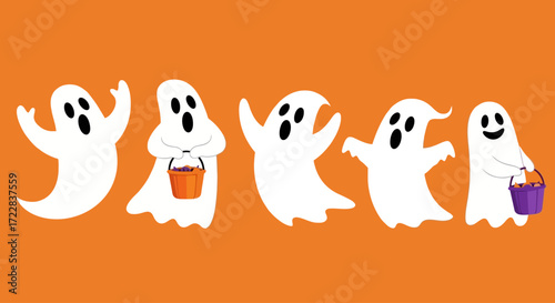 Five cartoon ghosts in white sheets float against an orange background, some holding trick-or-treat buckets.