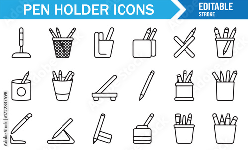 Outline style pen holder icons set for writing tools and stationary supplies