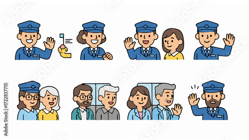 A delightful vector set featuring smiling airline crew and diverse passengers, representing the excitement and professionalism of modern air travel and global connections