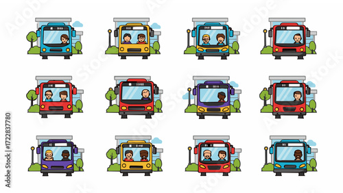 Set of colorful city bus illustrations featuring diverse passengers and drivers, representing community and public transportation