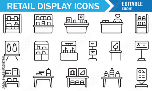Retail product presentation icon collection with showcase and signage