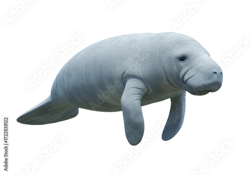 Photos Isolated Manatee swimming with gentle expression and looking at viewer, marine m