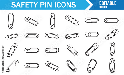 Tailor accessory safety pin symbol collection in editable stroke style
