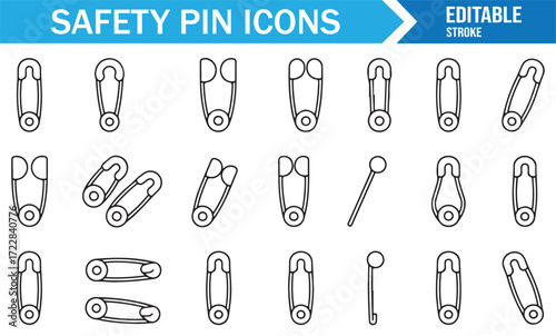 Simple line art safety pin vector icons for secure fastener illustrations