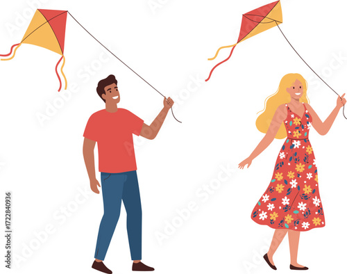 Cartoon Outdoor Icons Featuring Man and Woman Flying Colorful Kites, Joyful Mood, Leisure Theme, and Playful Activity Scene