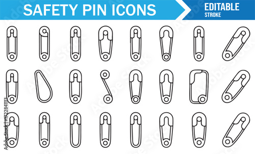 Black and white outline safety pin illustrations for sewing accessories
