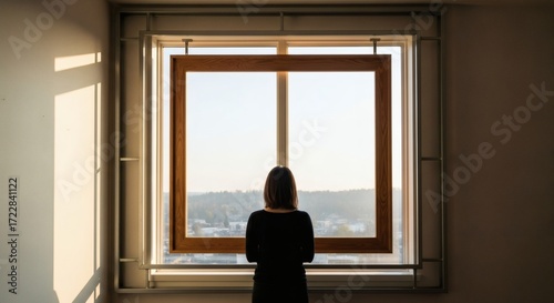 A woman in a dark dress stands with her back to the viewer, looking out a large wooden-framed window at a sunlit, hazy landscape with trees and a faint sky.