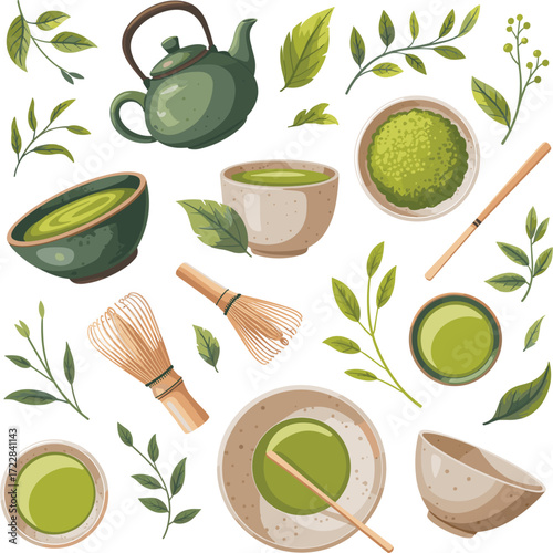 Assorted Matcha Tea Elements With Leaves And Branches ceremony whisk
