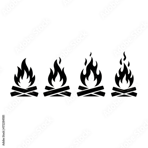 Campfire Animation: Four Stages of Burning Embers, Line Art Style, Dark Background