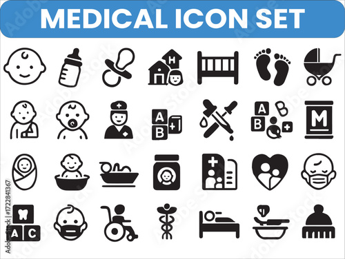Baby Medical Care Icon Set | Pediatric Health, Child Treatment, Neonatal Healthcare Symbols