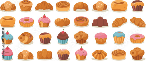 Assortment of Baked Goods and Pastries on White Background vector illustration