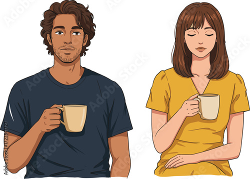 Relaxed coffee moment between friends, cozy indoor scene with mugs, casual conversation, peaceful atmosphere, warm colors, lifestyle vector illustration