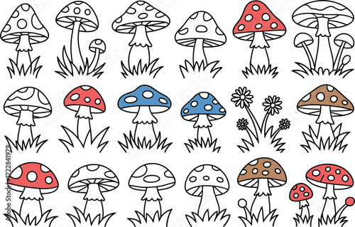 Assortment of Hand- Drawn Mushrooms in Various Colors and Styles fungi nature