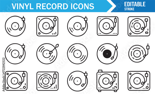 Analog record player vector icons for retro music and entertainment themes