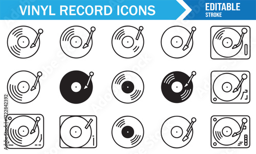 Music player icon pack with vinyl records and DJ turntable illustrations