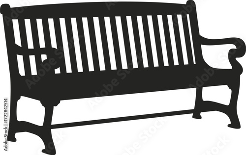 Black Silhouette of a Classic Park Bench with Curved Arms white background