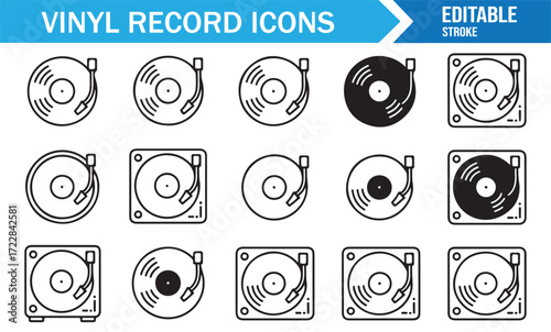 Editable stroke vinyl record symbols set for audio entertainment design