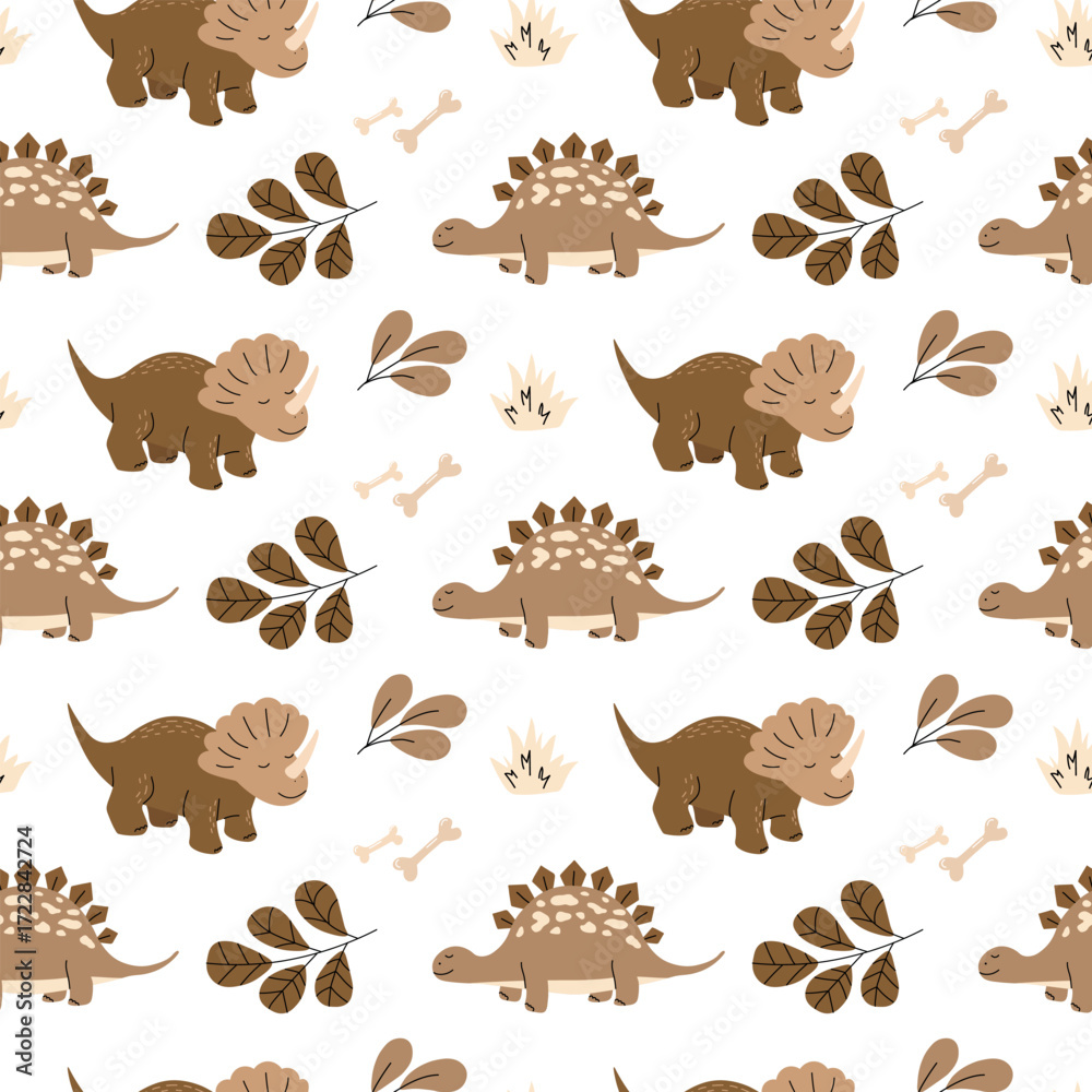 Fototapeta premium Cute Brown Dinosaur Seamless Pattern with Leaves and Bones