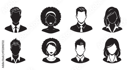 Collection of eight black and white silhouette portraits of diverse individuals, representing different genders and hairstyles.