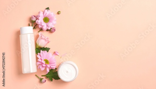 Wallpaper Mural Pink pastel cosmetic products with flowers Torontodigital.ca