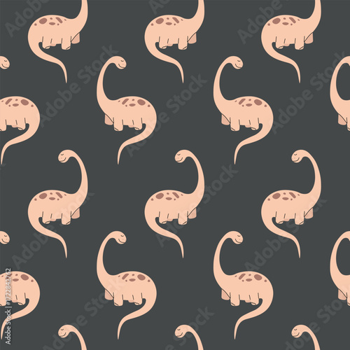 Seamless Cute Dinosaur Pattern on Dark Gray Background