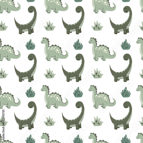 Seamless Green Dinosaur Pattern on White Background