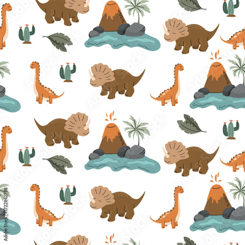 Seamless pattern featuring cute  triceratops dinosaurs, erupting volcanoes, palm trees, cacti, water, and leaves on a white background
