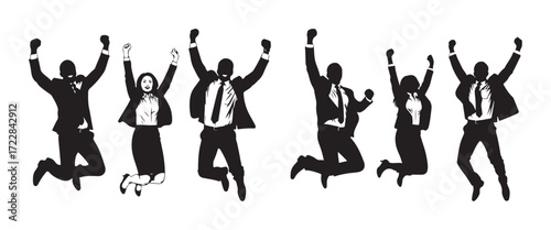 Silhouettes of six business people, three men and three women, jumping in the air with raised arms, celebrating success and achievement in a dynamic and joyful pose.