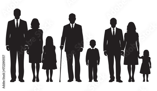 Silhouette of a multi-generational family standing in a row.