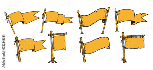 A collection of eight hand-drawn yellow banners and flags on wooden poles, presented in a cartoonish style against a white background.
