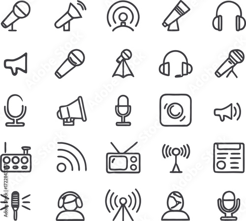 Sound Icon Collection: A comprehensive set of vector icons encompassing diverse audio and broadcasting elements, ideal for various design applications.