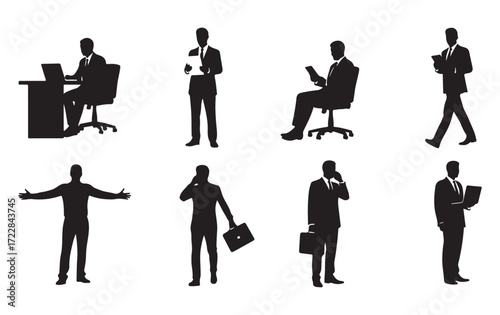 A collection of eight black silhouettes of a businessman in various professional poses, such as working at a desk, walking, and using mobile devices.