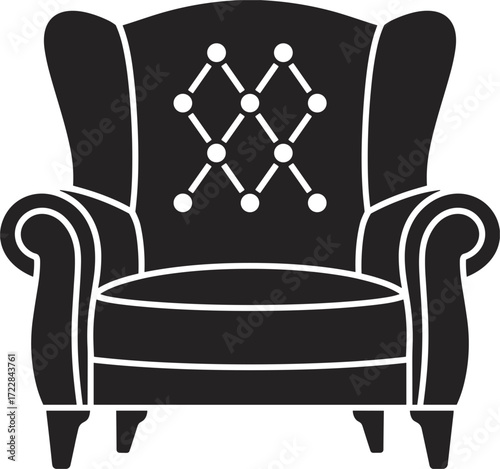 Black Silhouette of a Tufted Wingback Armchair on White Background furniture interior