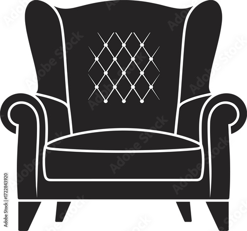 Black silhouette of a tufted wingback armchair on white background Keywords: armchair, chair