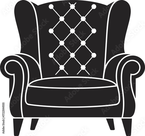 Black silhouette of an armchair with tufted back on white background furniture interior
