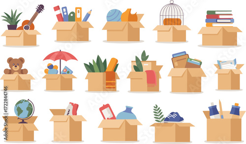 Collection of Cardboard Boxes Filled With Various Household Items moving storage