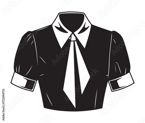 Black short-sleeved blouse with white collar, tie, and cuffs, featuring puffed sleeves, in a uniform or formal style.
