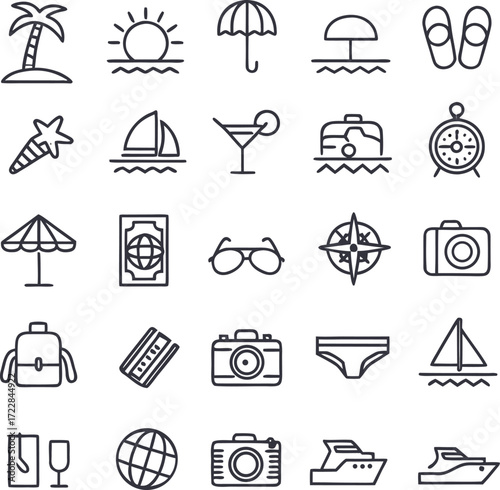 Travel Icon Set: A comprehensive collection of travel icons, meticulously crafted in a clean, modern style, showcasing diverse elements essential for memorable journeys.