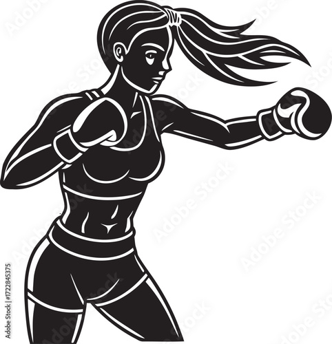 Black and White Silhouette of a Female Boxer boxing