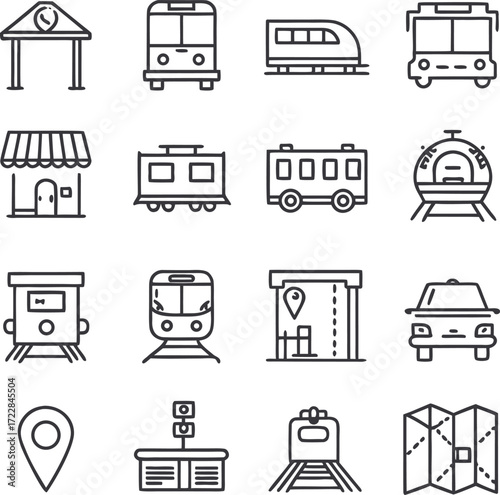 Transport Icon Set: A comprehensive and meticulously crafted collection of linear icons, showcasing various modes of transport. Featuring clean lines and a minimalist design.