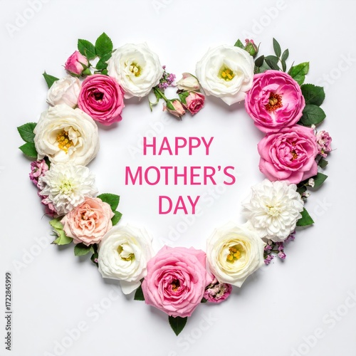 Heart-shaped arrangement of pink and white flowers, accented by greenery, on a white background, featuring 