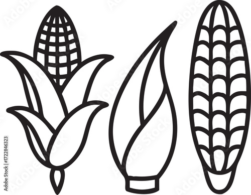 Corn Cob and Husk Line Art Icons maize leaves