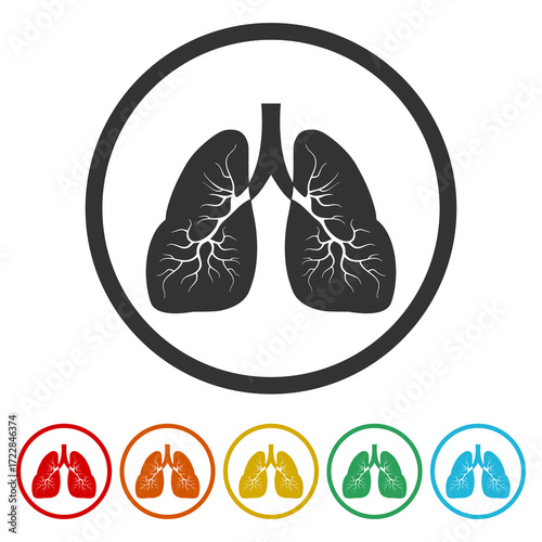 Human lung sign. Set icons in color circle buttons