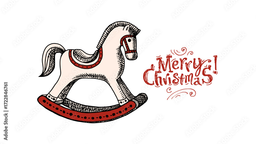 Obraz premium Vintage hand drawn wooden rocking horse poster design. Traditional Christmas sketch ornament. Holiday vector illustration.