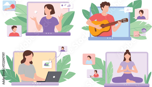 People Engaging in Online Activities on Laptops vector illustration