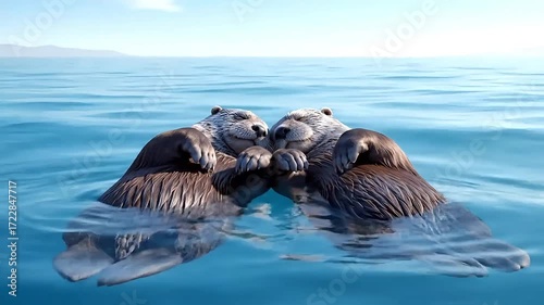 Two adorable sea otters floating together holding paws in clear blue water, embodying affection and togetherness.
