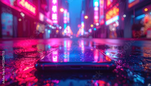 Phone reflects neon lights on wet urban street. Electric hues illuminate a modern city scene. Rainwater creates vibrant reflections