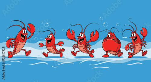 A group of five happy red cartoon lobsters walking and dancing in a line in the blue ocean.