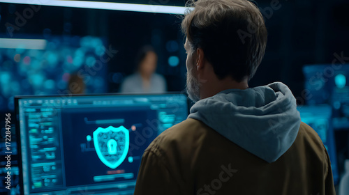 Person monitoring cybersecurity dashboard in a dimly lit control room with digital interface and shield icon displayed on screen